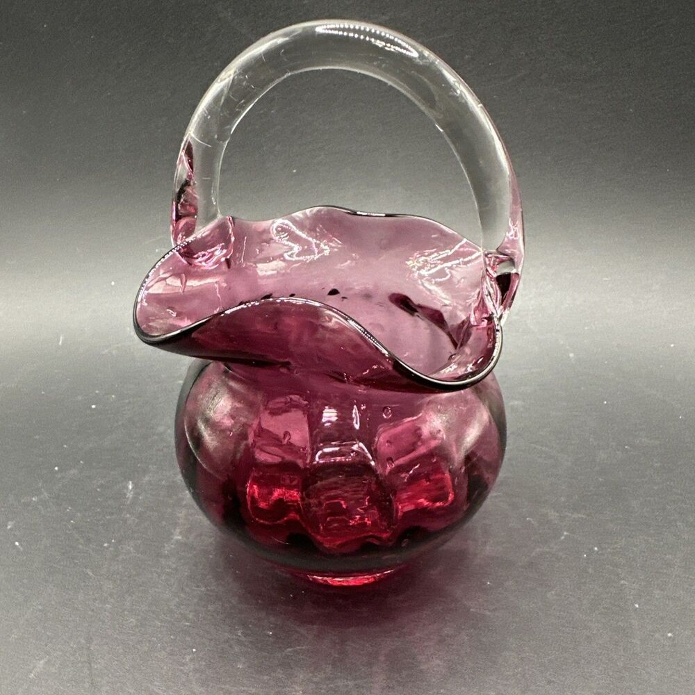 VTG Cranberry HAND BLOWN Glass Basket With Applied Clear Handle 5 T" X 3 W"